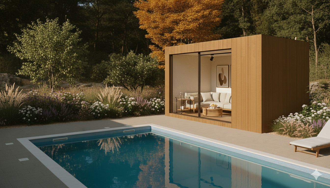Caseta de jardín NOOK Base en madera Millboard Golden Oak instalada junto a piscina con paisajismo integrado