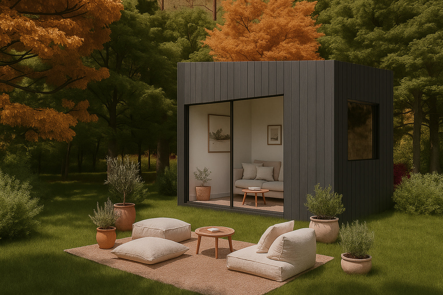 NOOK Base negro con cubierta inclinada y zona de estar exterior al atardecer