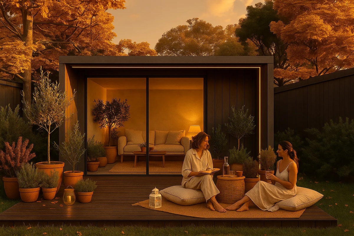 NOOK Base negro con porche y terraza solada en un jardín