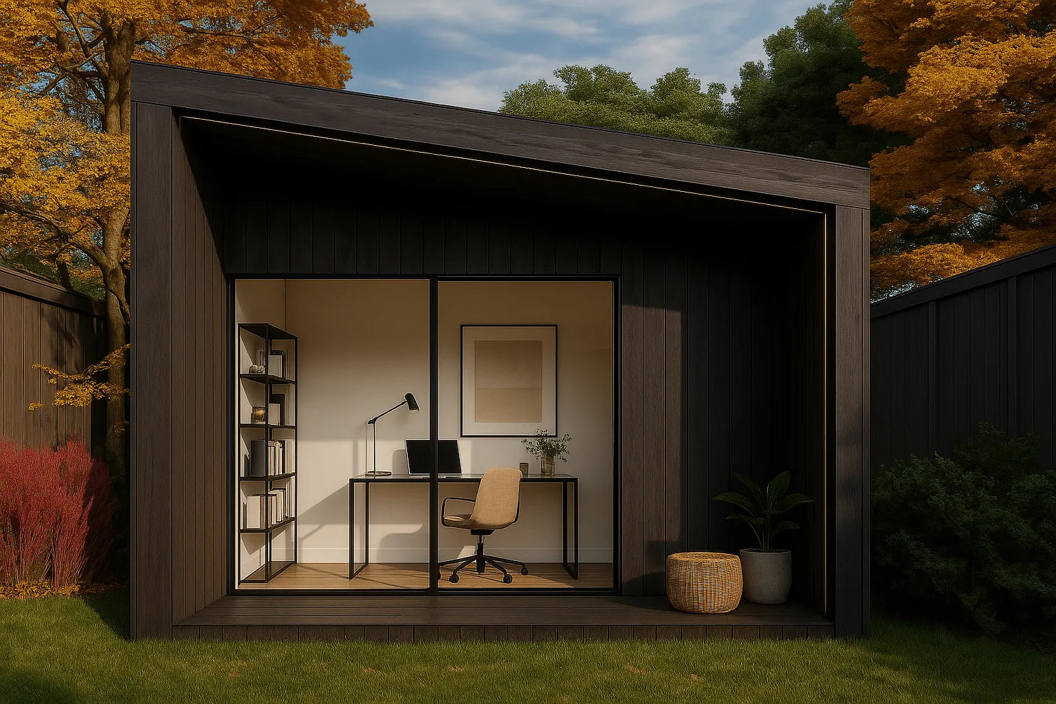 Caseta de jardín NOOK Base en negro con cubierta inclinada y porche, integrada en un jardín