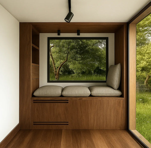Warm, powered interior of a NOOK Base personal retreat
