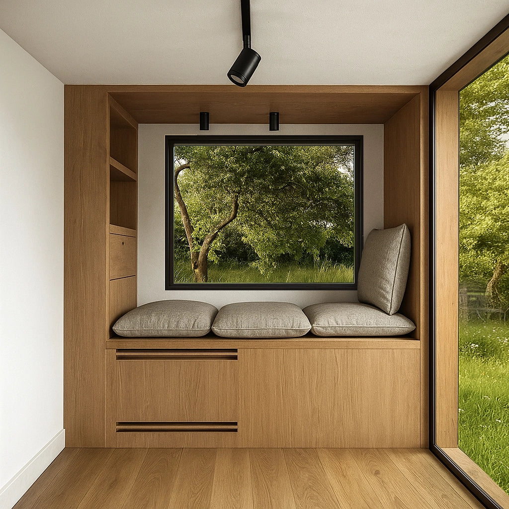 Interior of a NOOK Base with a large window and a tempered-glass sliding door