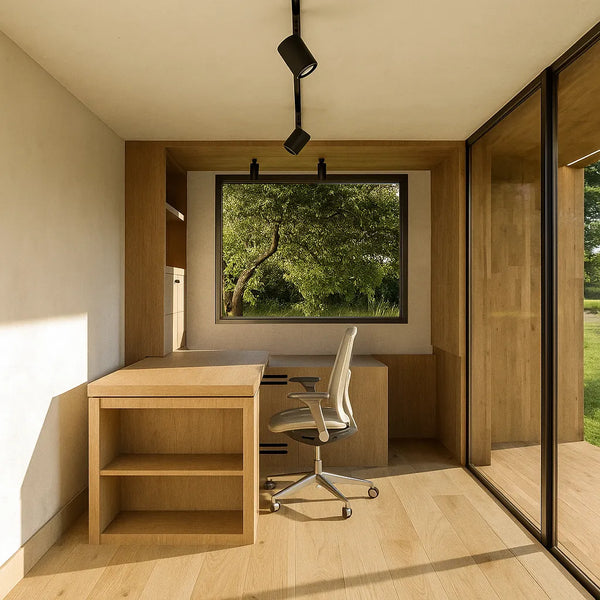 The Esquina NOOK Work rotating desk, opened out inside a garden office
