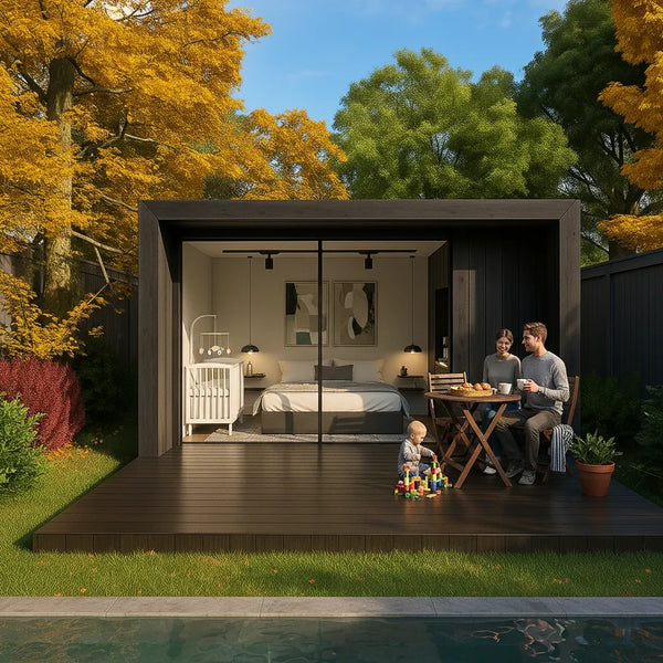 A NOOK with porch and terrace in the garden set up as a holiday let