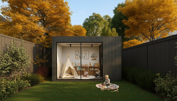 Charcoal NOOK garden playroom, in view of the house