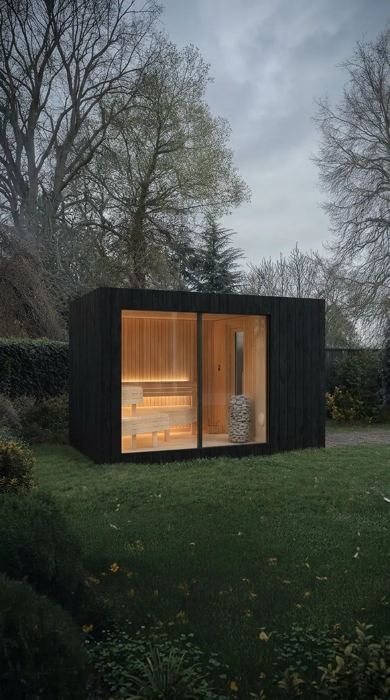 Interior de NOOK Sauna con hemlock y cristal templado