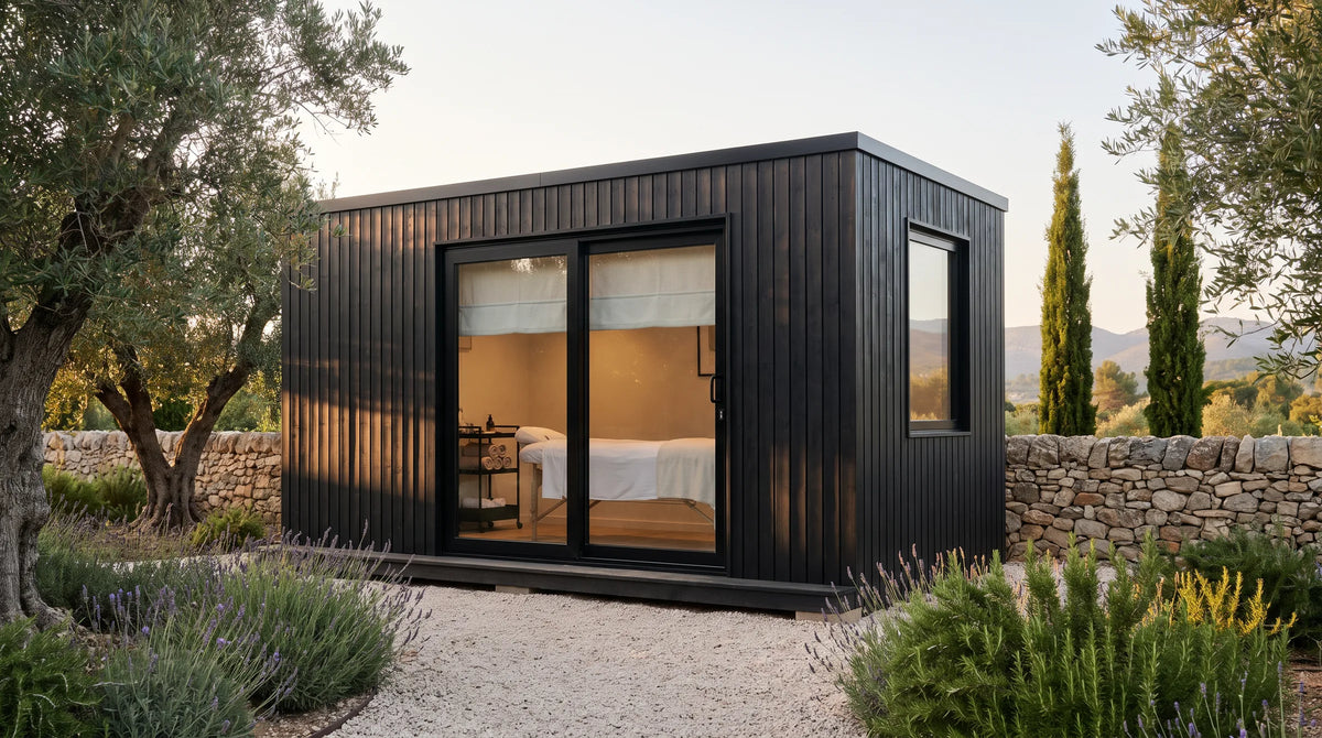Visualisation of a black NOOK 10 as a treatment room among olive trees