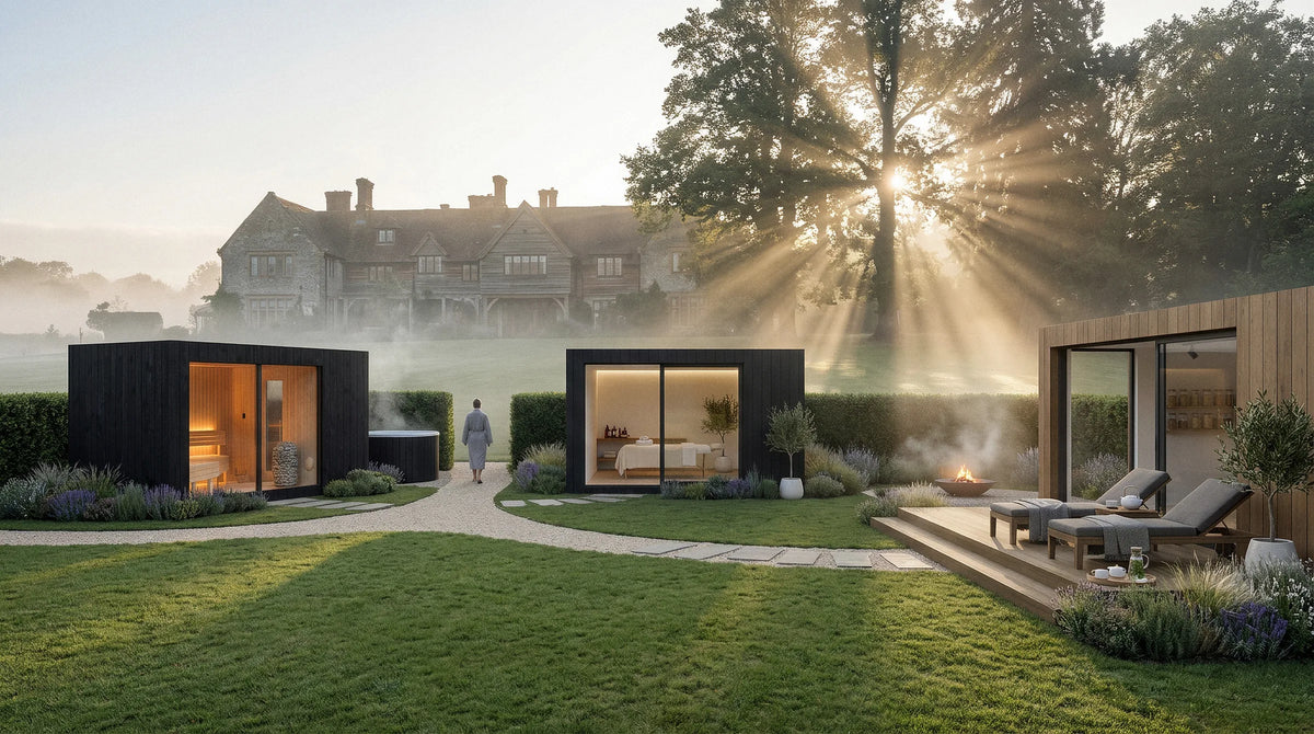 Visualización del jardín de un hotel al amanecer, con una sauna, una cabina de tratamientos con una camilla y un estudio con terraza hechos con NOOK, entre la niebla