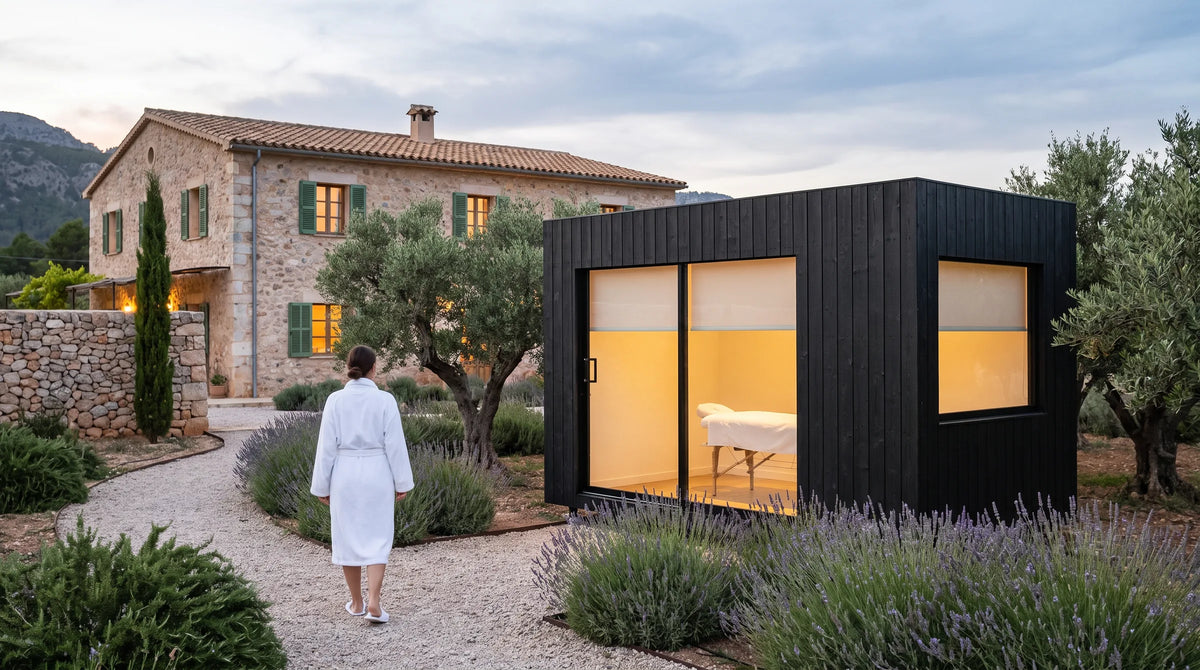Visualización de un NOOK 10 negro como cabina de tratamientos en el jardín de un hotel rural, con una huésped en albornoz por el camino de grava y una camilla tras el vidrio