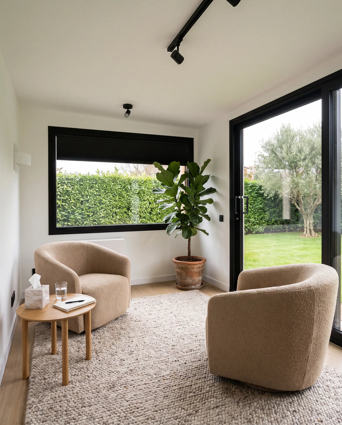 Visualización de un NOOK 10 como consulta de terapia, con dos sillones, una mesa baja y el jardín al fondo