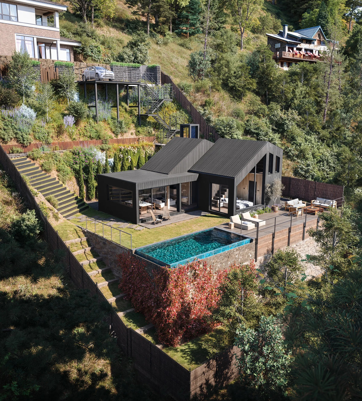Aerial visualisation of the Etna and its pitched roofs