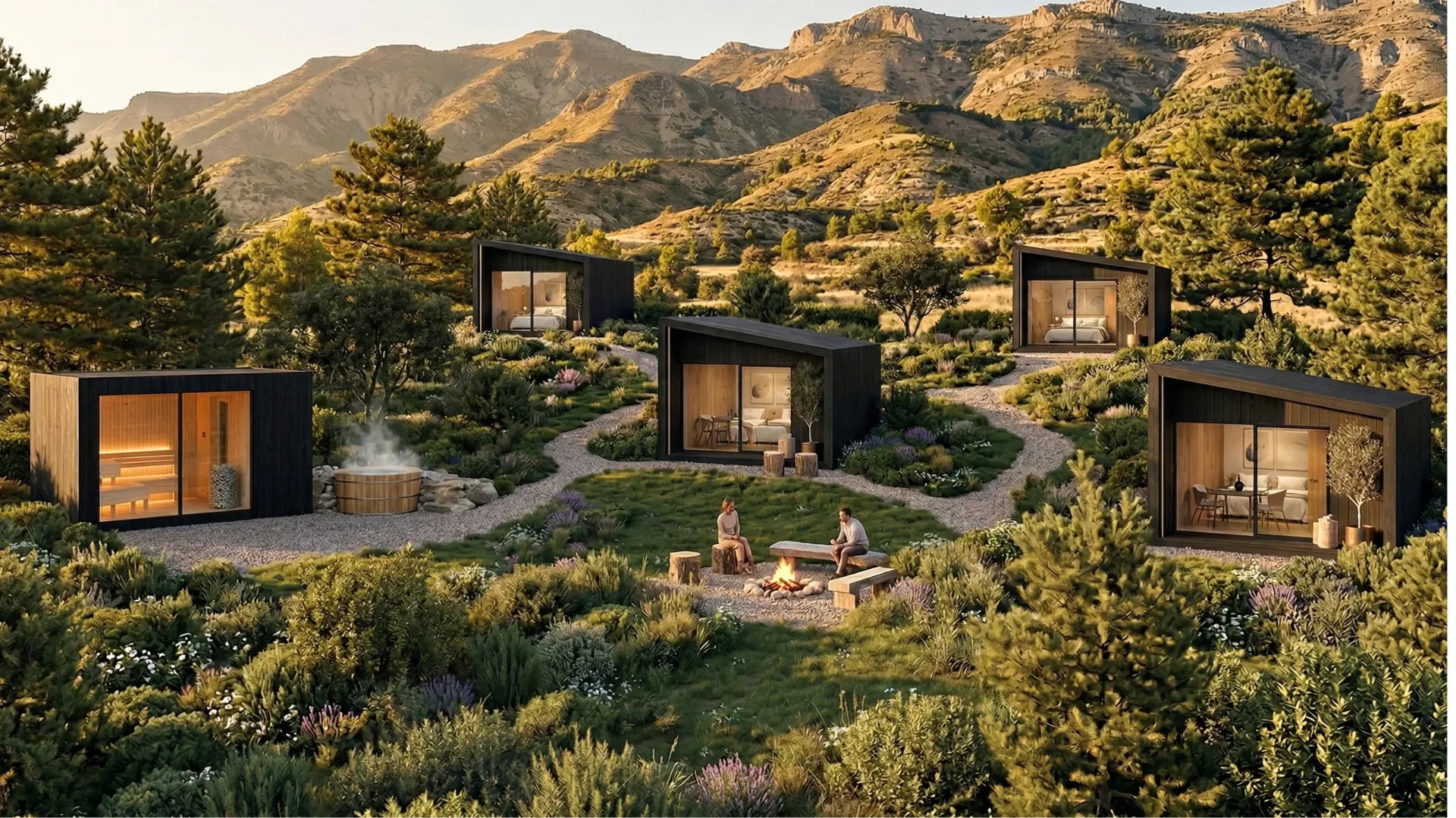 Resort de glamping boutique con cinco suites prefabricadas NOOK — sauna exterior, bañera de madera y zona de fuego — en paisaje mediterráneo de montaña.