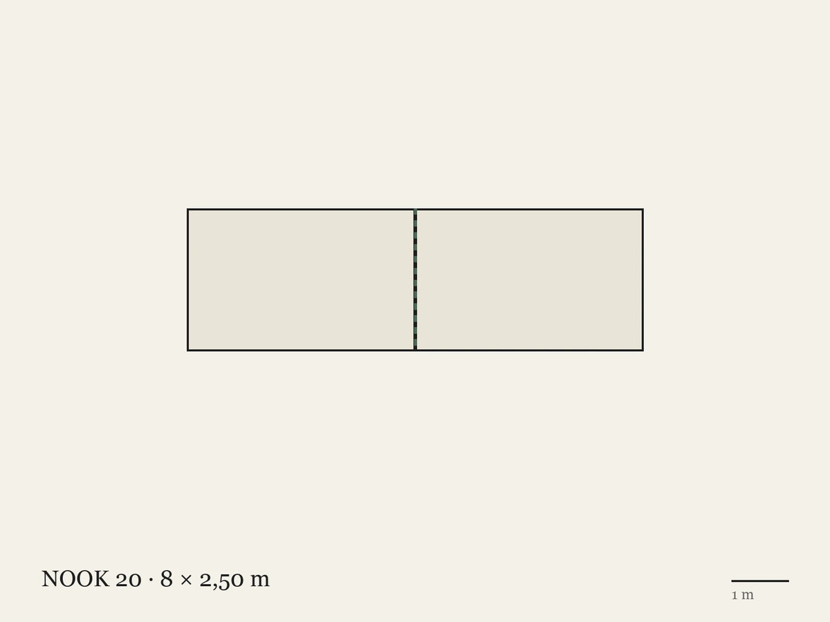 Plan of the 8 × 2.50 m NOOK 20: two NOOK 10s joined end to end, the join dashed