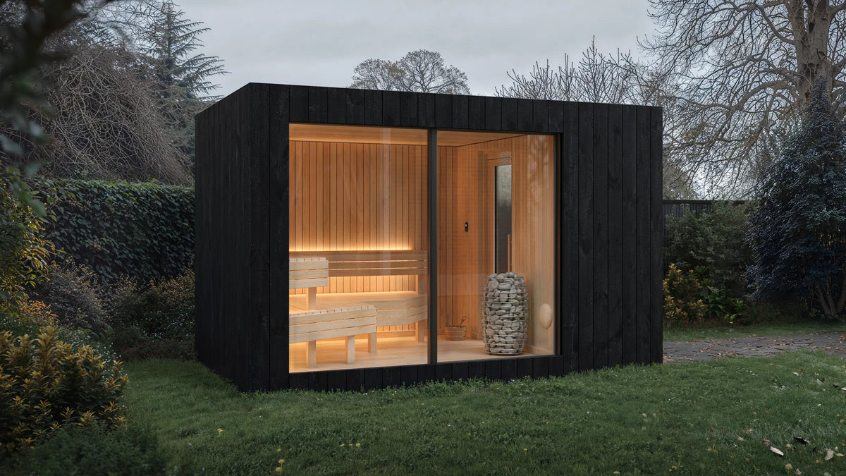 Visualisation of the NOOK Sauna in a garden, its timber interior lit