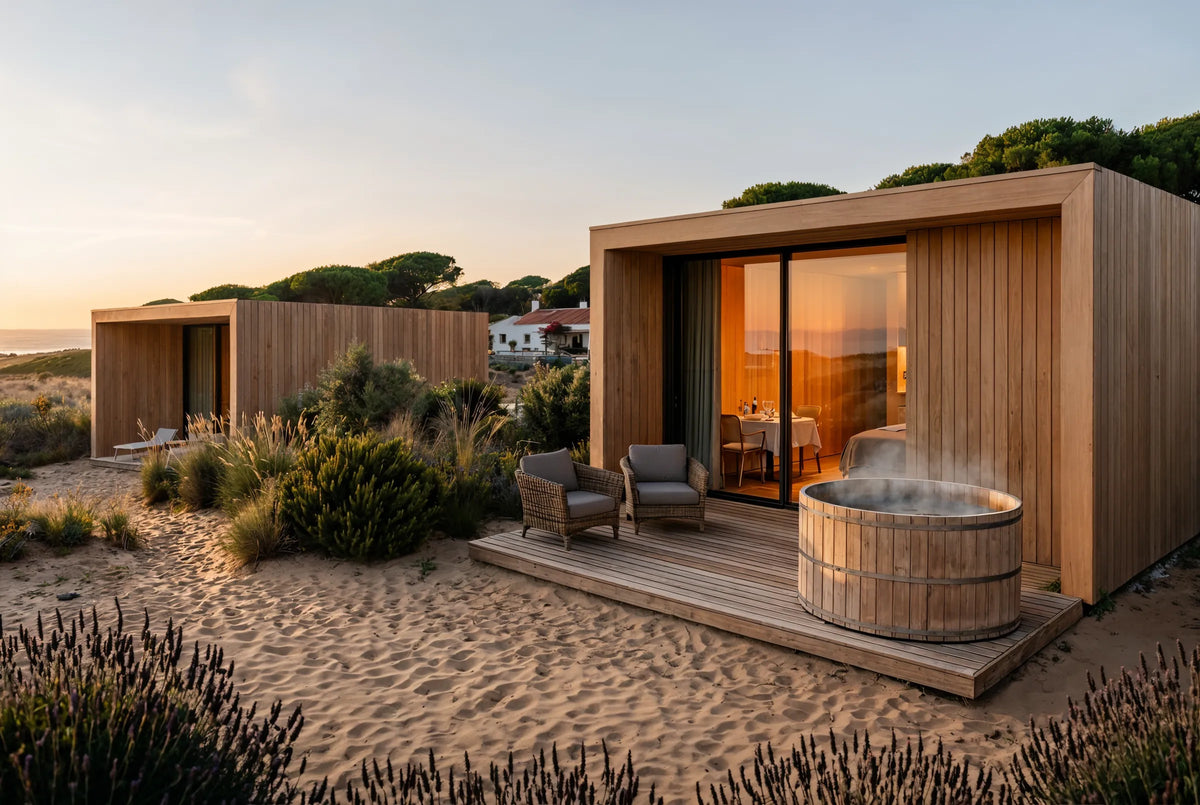 Indicative visualisation of an oak suite among the dunes at golden hour