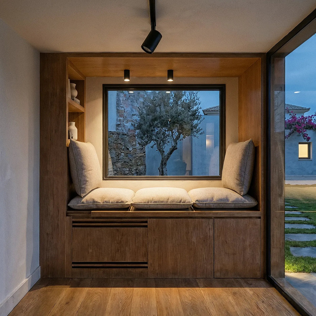 Visualisation of a NOOK 10 inside at dusk: a cushioned seat under the window and built-in shelving