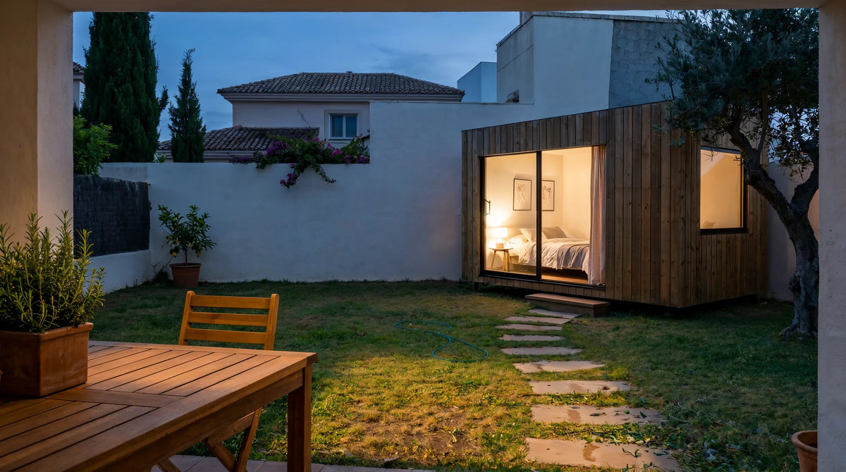 Visualisation of an oak NOOK 10 lit up at dusk, at the bottom of a garden with an olive tree