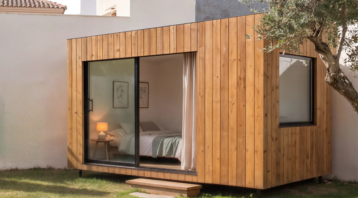 Visualisation of an oak NOOK 10 in a courtyard, with a guest bed behind the glass door