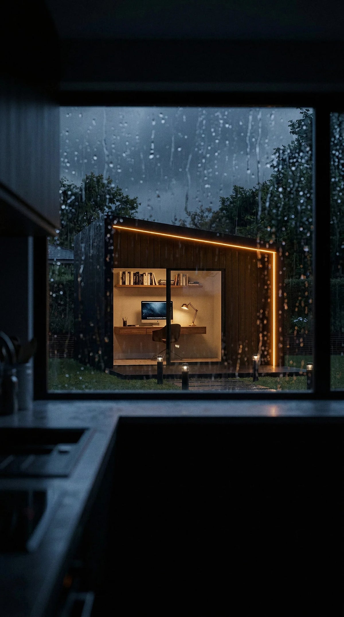 Visualisation of a black NOOK 10 with a porch, lit up at night, seen from the kitchen through a rain-streaked window