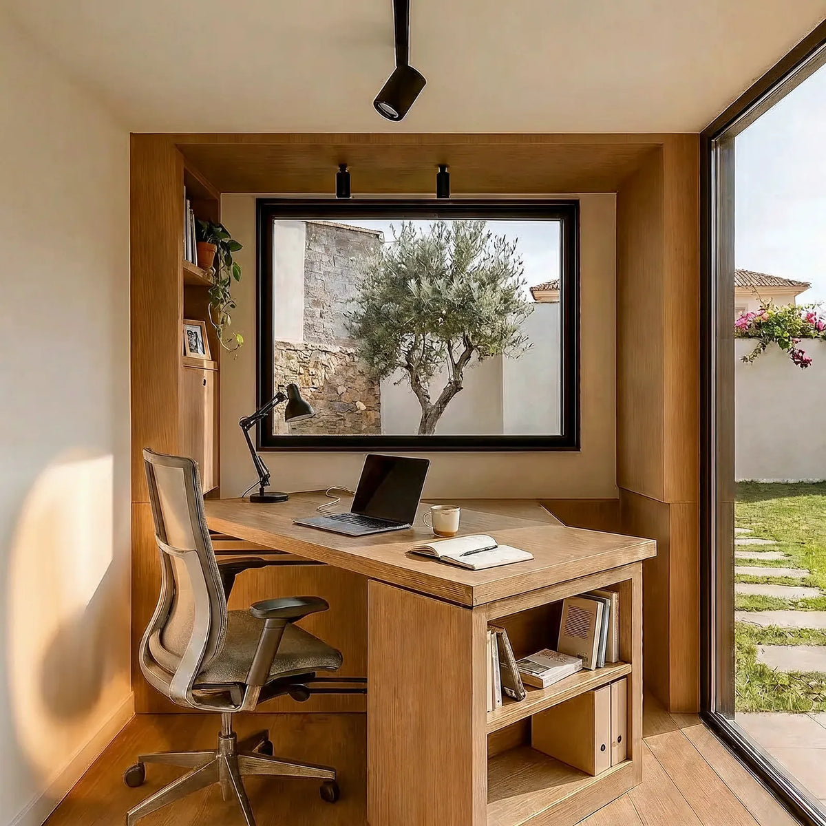 Visualisation of a NOOK 10 inside: a built-in oak desk under the window, looking out at an olive tree