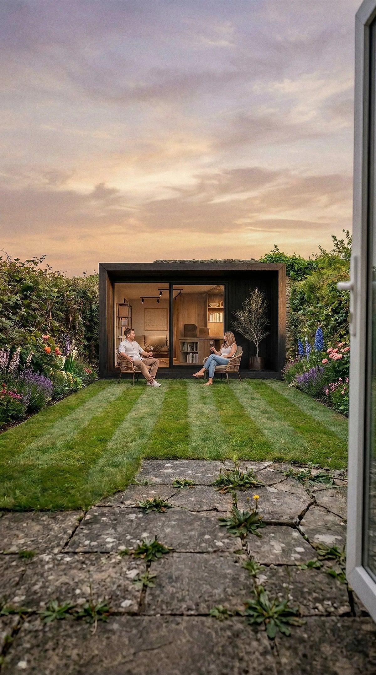 Visualisation of a garden with a black NOOK 20 at the far end, lit at dusk and seen from the back door