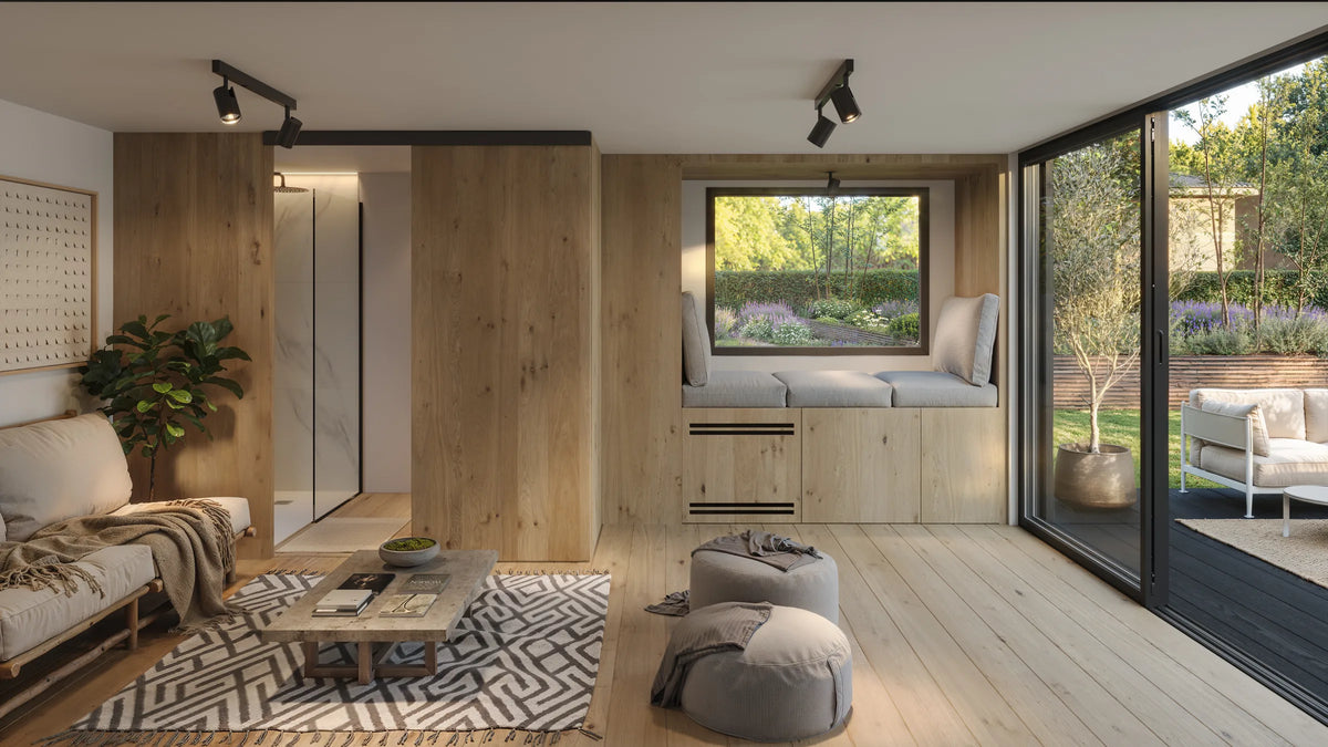 Visualisation of a NOOK 20 interior with a bathroom and a NOOK Corner under the window