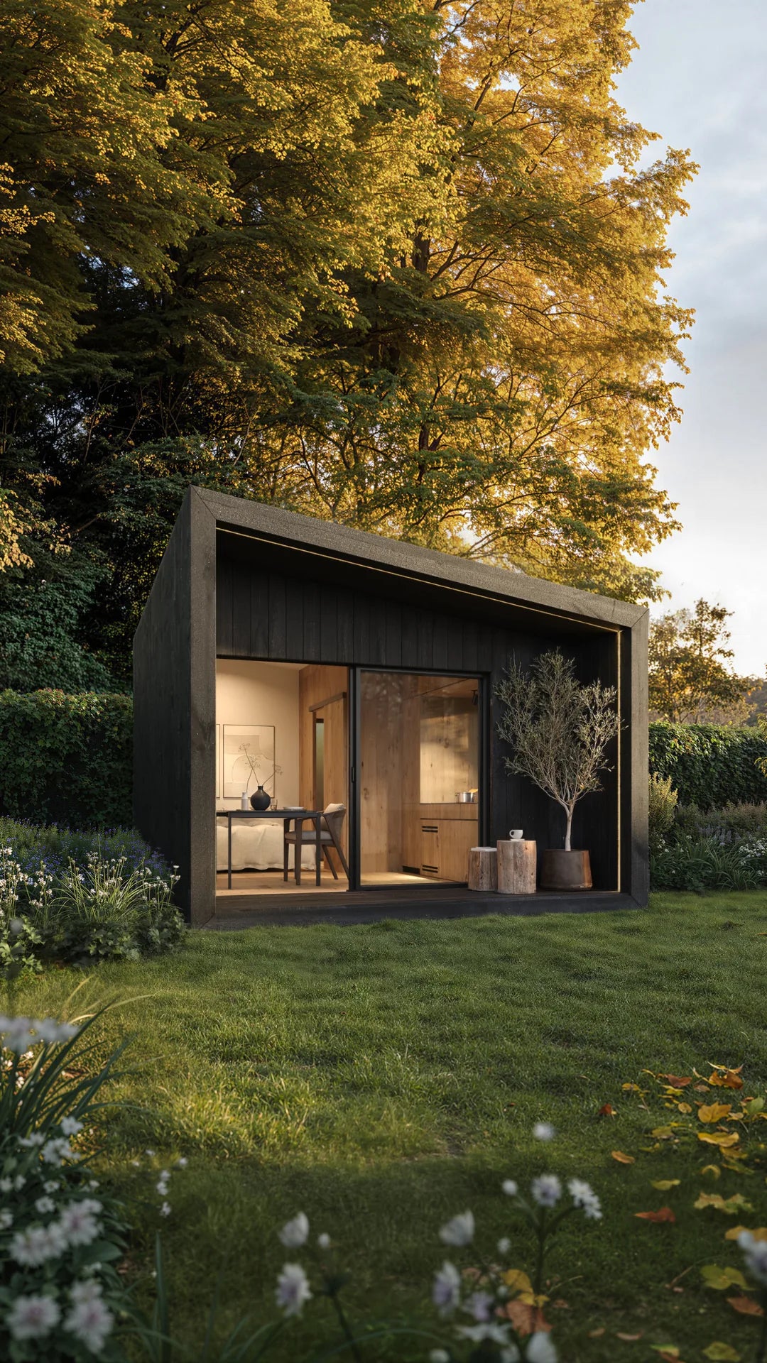 Visualisation of a black NOOK 20 with a sloped roof and porch, an office inside, in an autumn garden