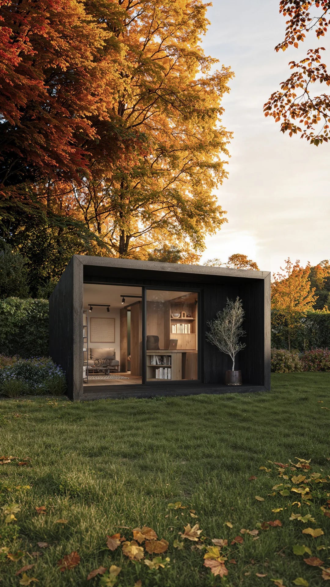 Visualisation of a black NOOK 20 with a bathroom and a work corner, in an autumn garden