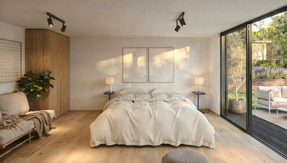 Visualisation of a NOOK 20 interior set up as a guest bedroom, with glass doors onto the garden