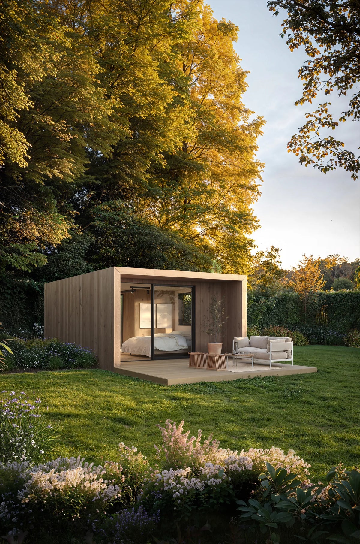 Visualisation of a NOOK 20 in a garden at dusk, the bedroom in view