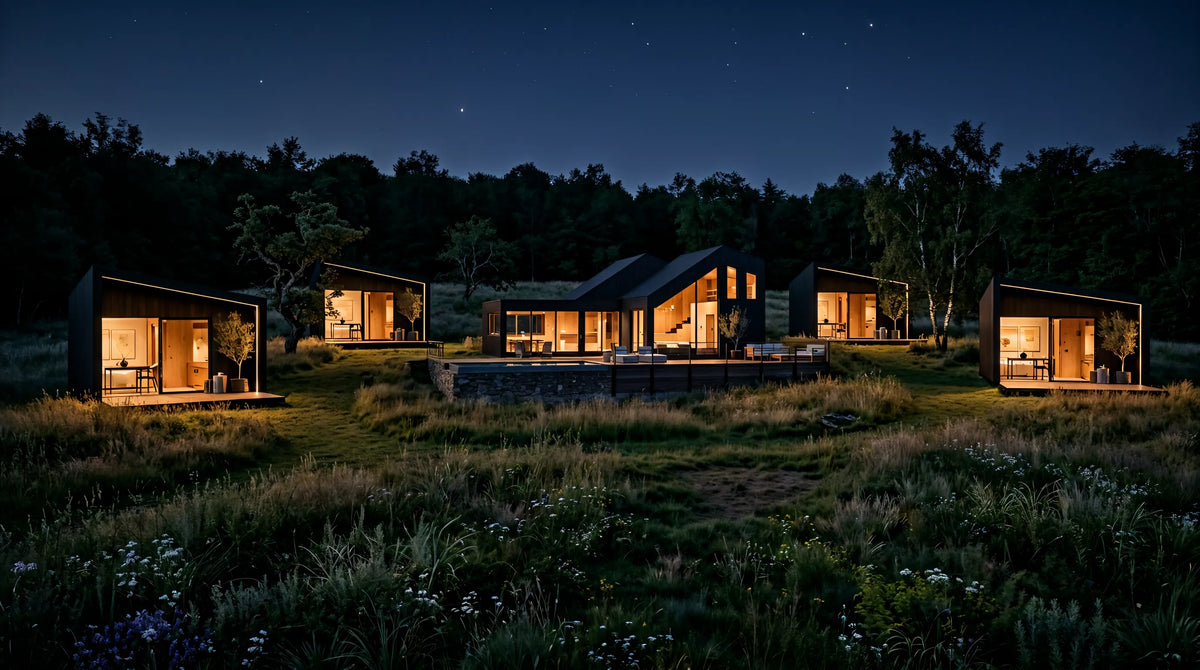 Visualisation of a NOOK cluster at night: four suites and a main house in a meadow