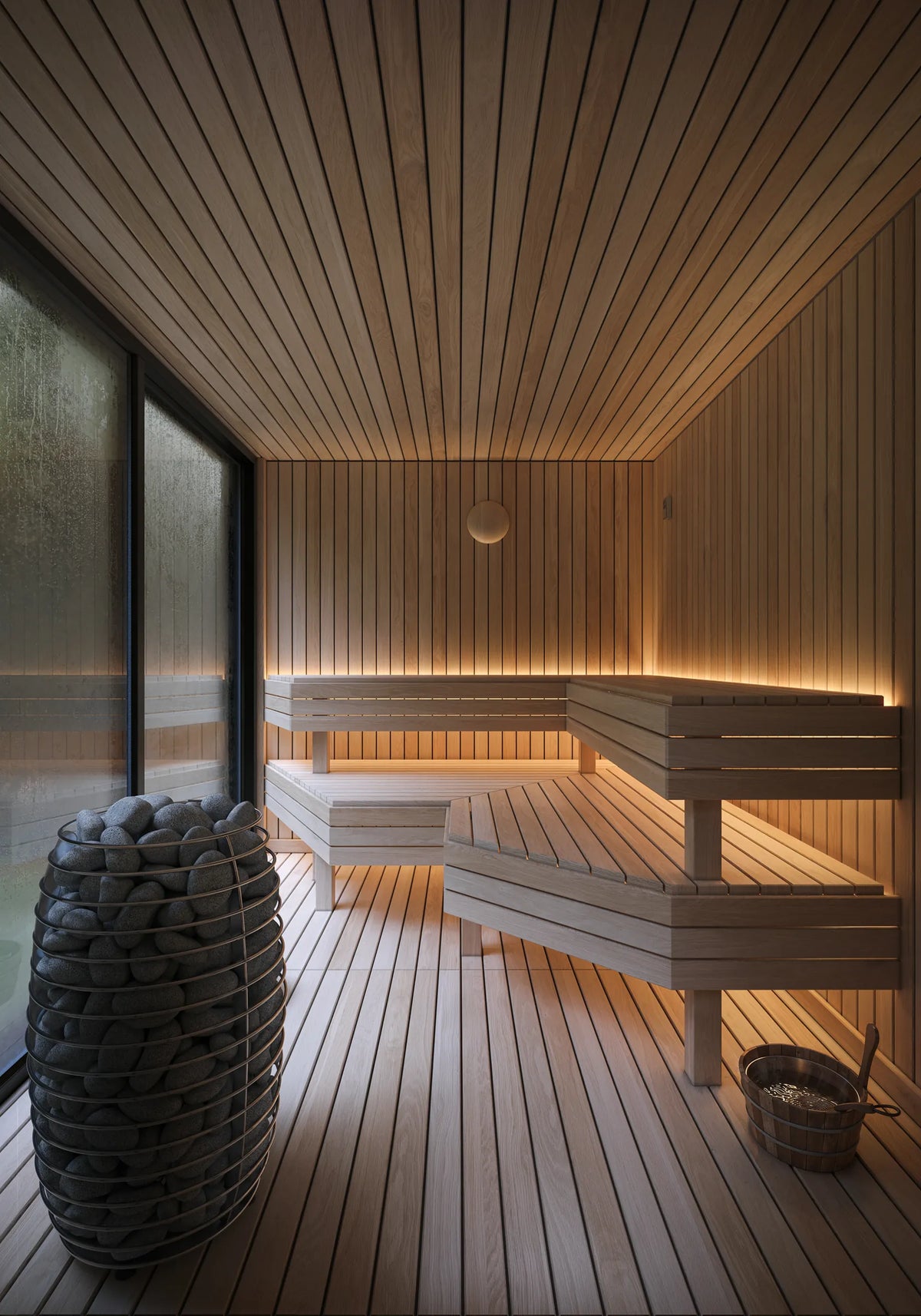 Visualisation of the NOOK Sauna interior with its timber benches