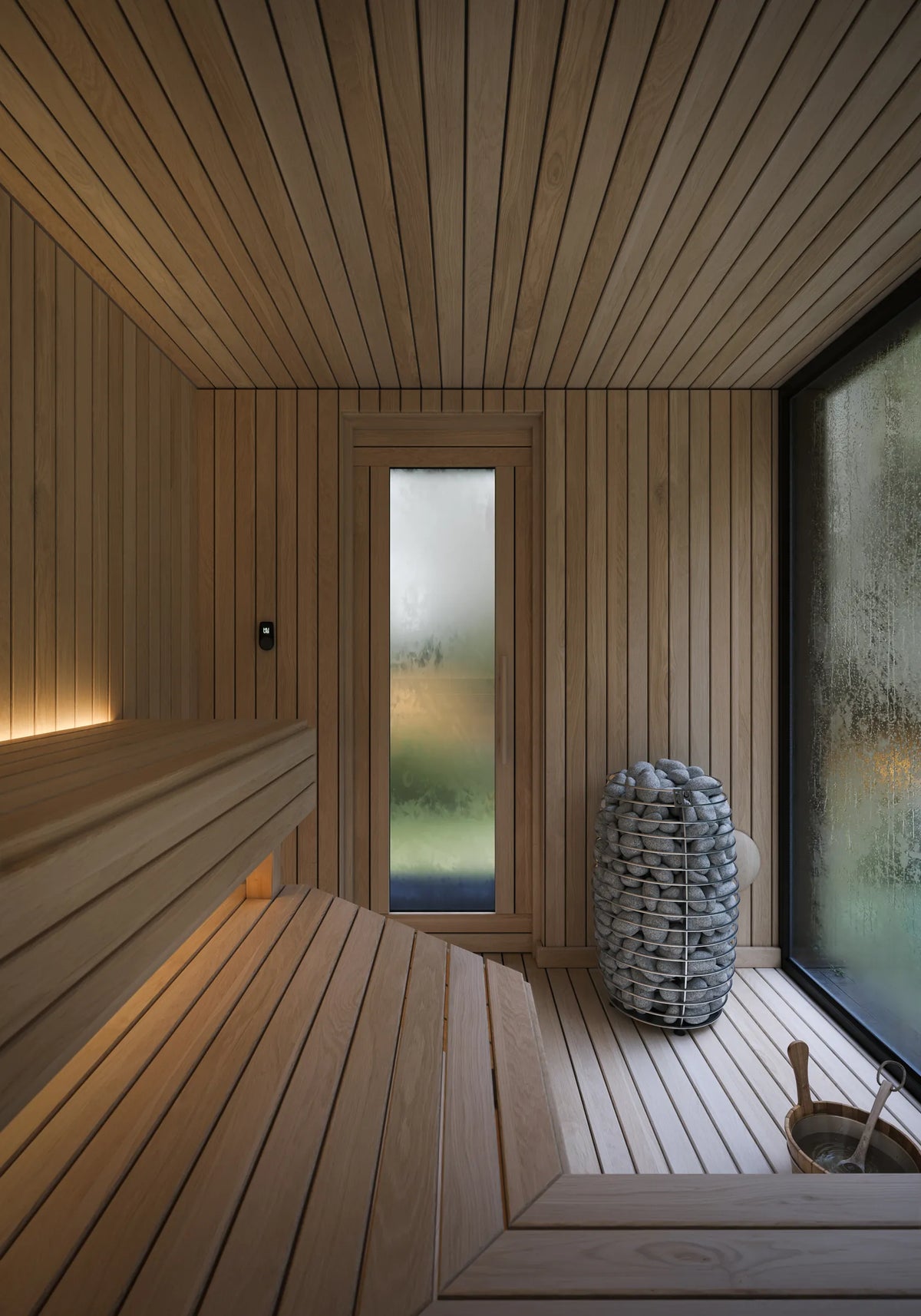 Visualisation of the NOOK Sauna's HUUM heater and its stones, beside the glazed door