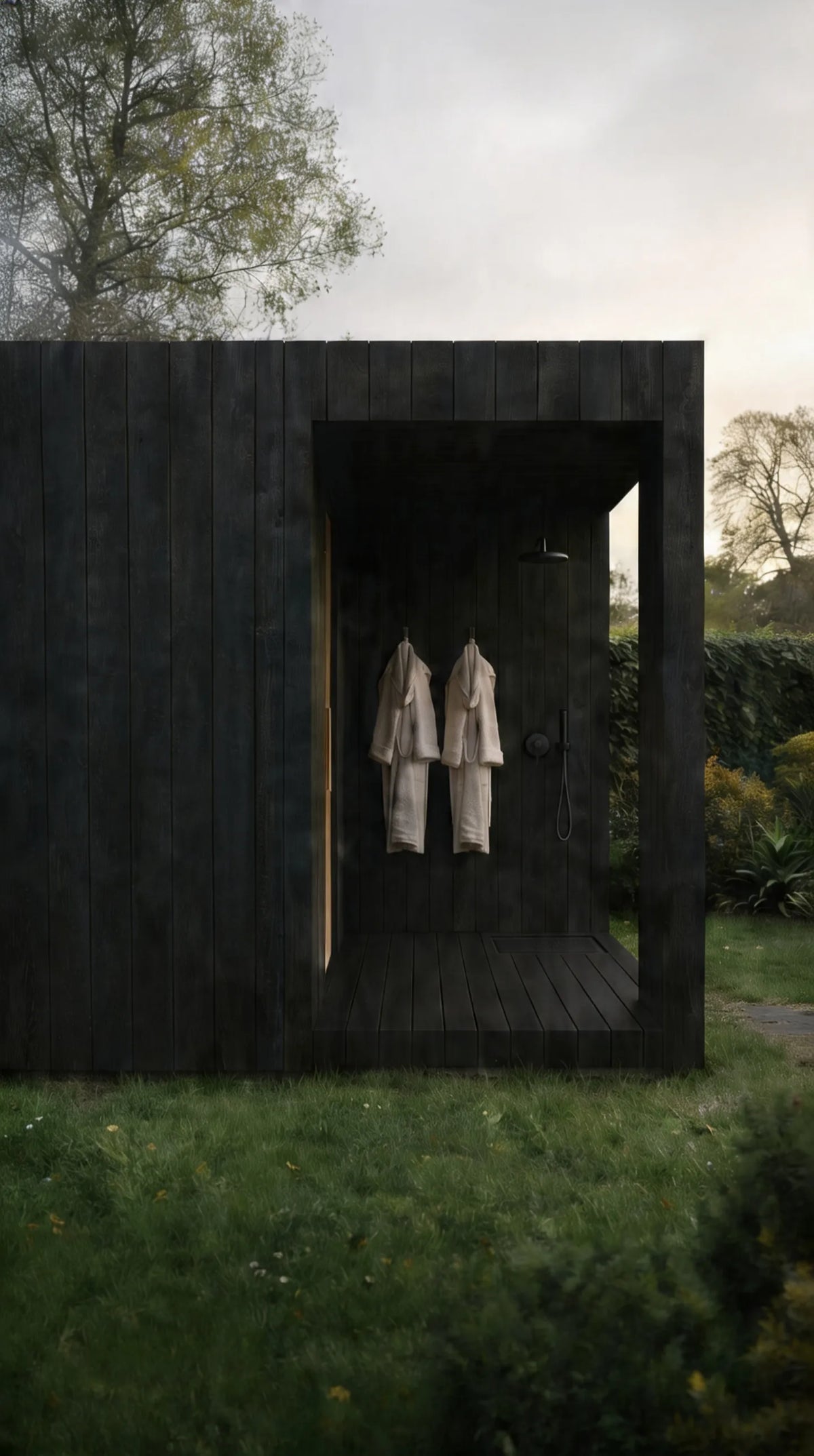 Visualisation of the NOOK Sauna's covered outdoor vestibule, with its shower and composite floor
