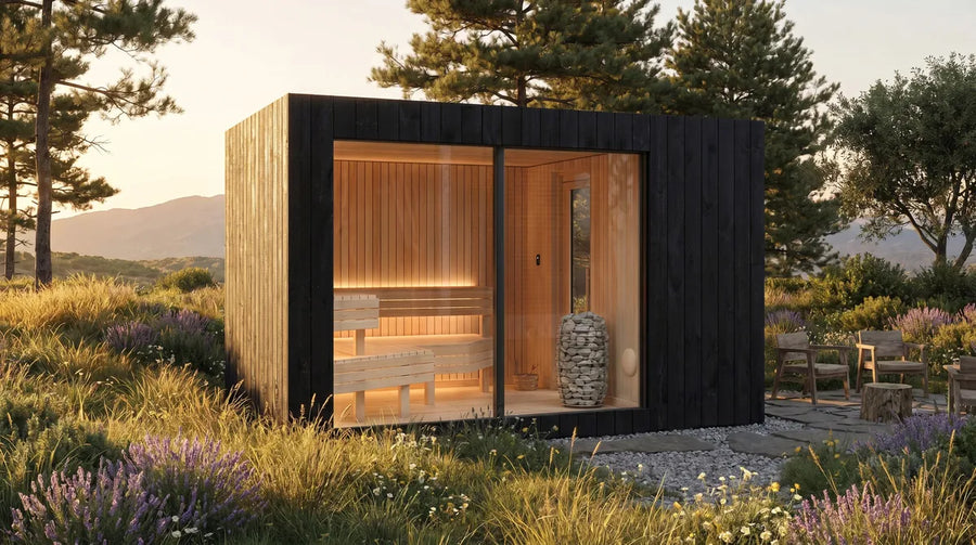 Visualisation of a NOOK Sauna in a meadow at dusk