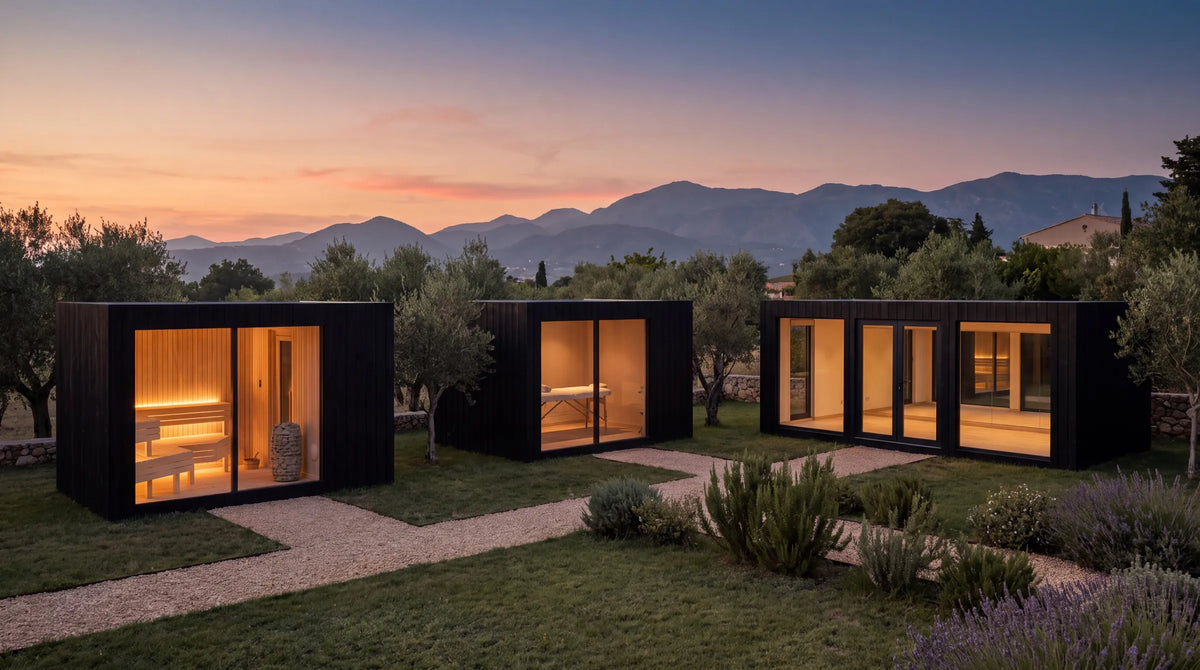 Visualisation of a NOOK Sauna, a treatment room and a NOOK 20 in a garden with olive trees, below the mountains at dusk