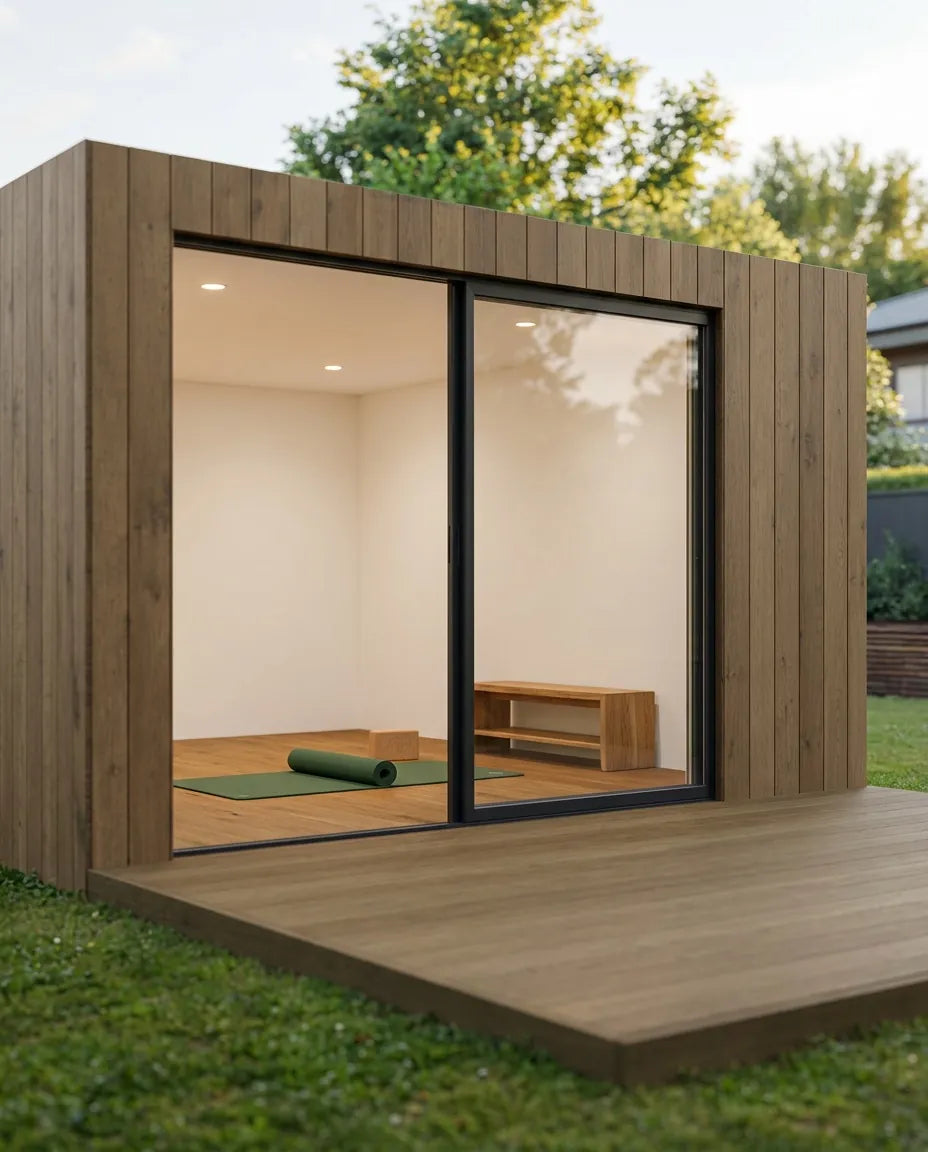Visualización de un NOOK 20 diáfano como estudio de yoga, con una esterilla en el suelo y un deck delante