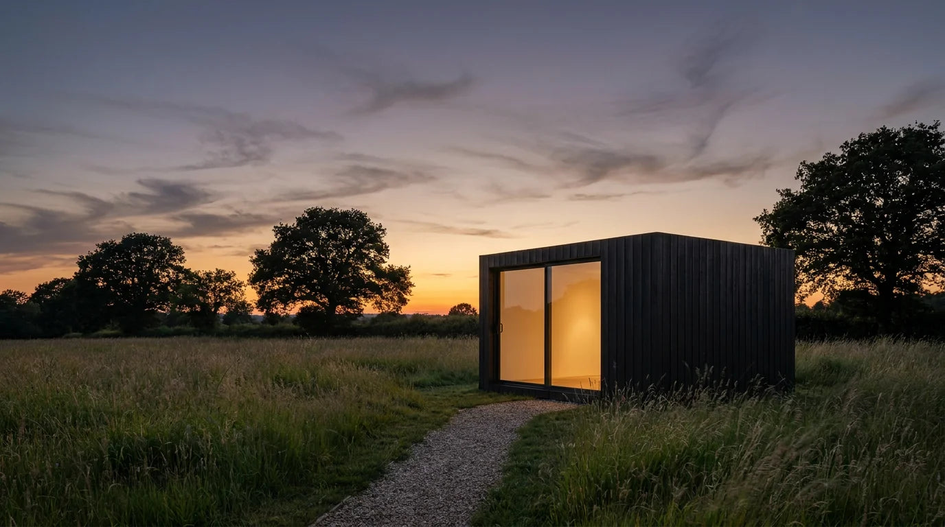 A charcoal NOOK guest stay glowing at dusk in a rural meadow, a gravel path leading to the door.