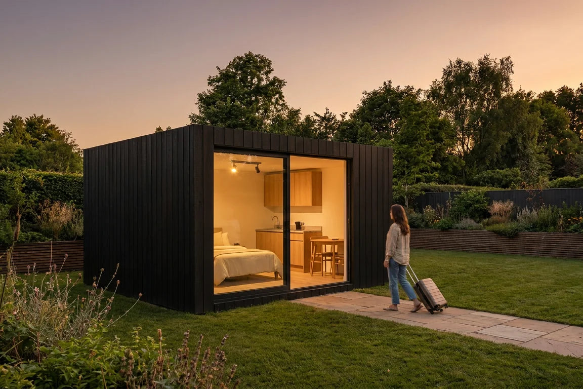 A guest wheeling a suitcase toward a lit NOOK garden stay at dusk